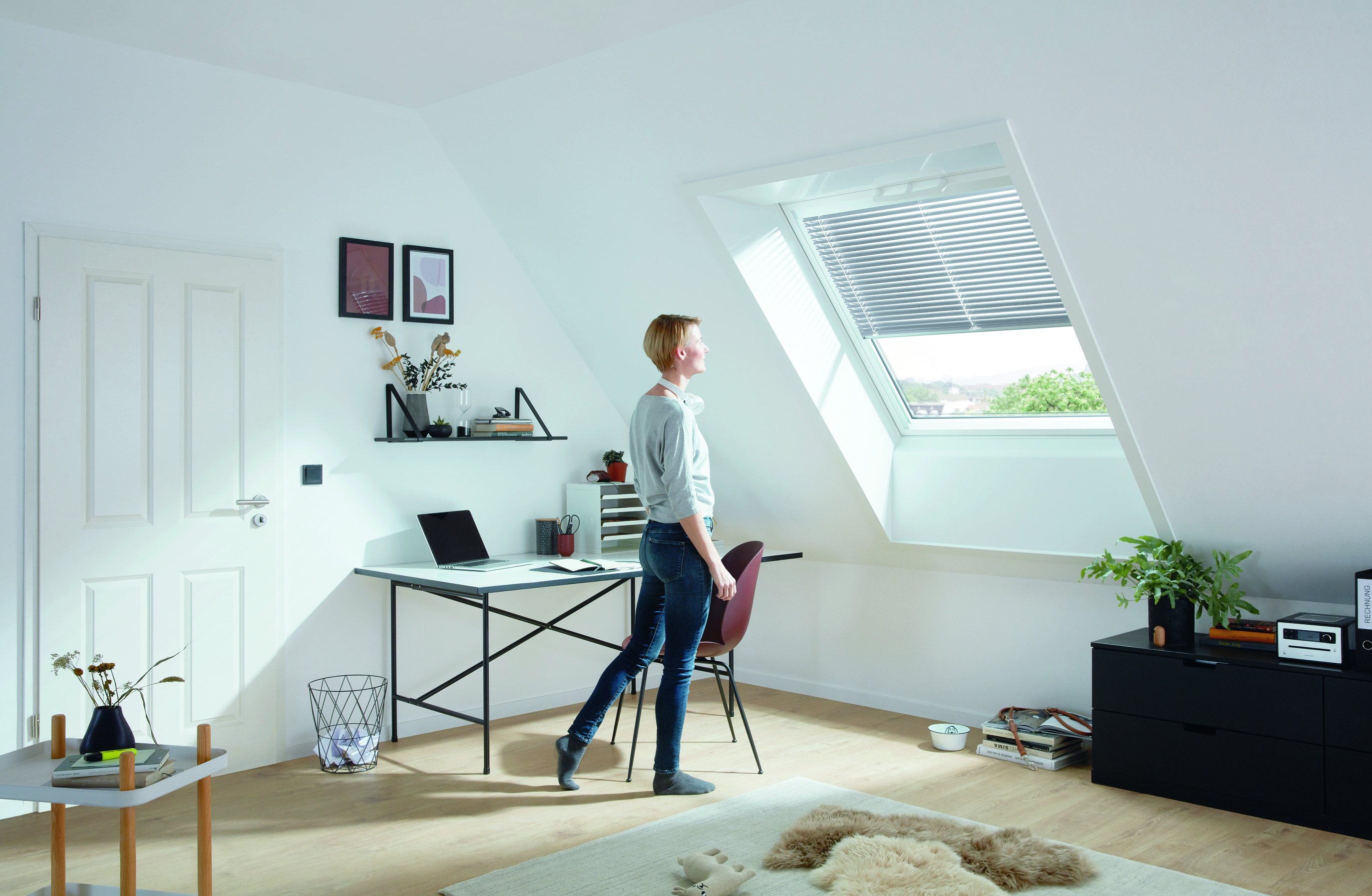 RotoQ ZJA Jalousette-854991M Tabelle, Schreibtisch, Stuhl, Pflanze, Person