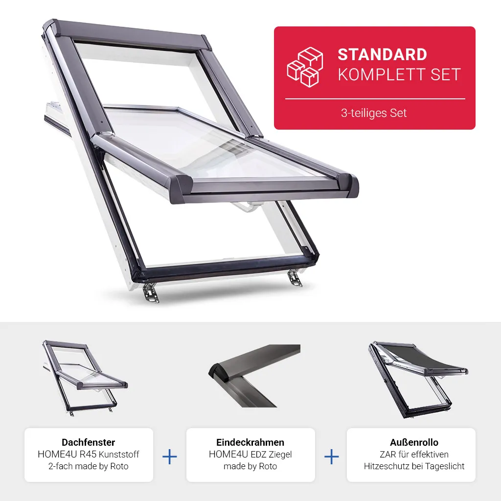 Dachfenster, Kunststoff, Schwarz, Dachfensterrahmen, Isolierglas, Dachfenster, Kunststoff, 3-teiliges Set, Außenrollo, Einsicht_Scharnier, Dachfenster, Kunststoff, 2-fach, Dachfensterrahmen, Glas, Dachfenster, Kunststoff, 3-fach, Glas, Schwarz