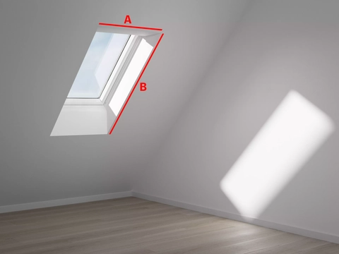 Anleitung zum Ausmessen des Dachausschnitts für VELUX Insektenschutzrollos mit Maß A (Breite) und Maß B (Höhe)