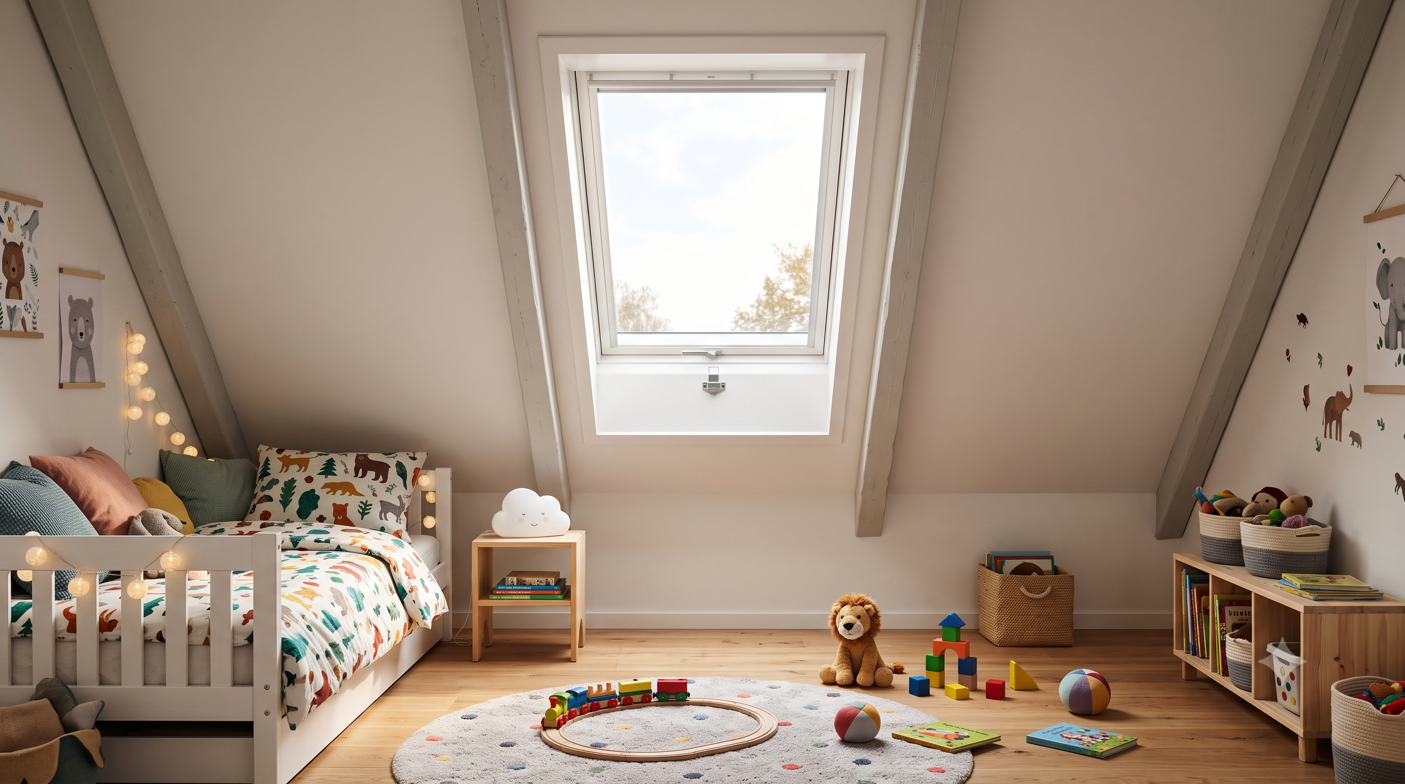 VELUX Kindersicherung an einem weißen Kunststoff-Dachfenster im Kinderzimmer